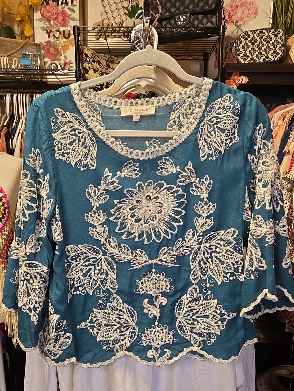 Solitaire Teal Embroidered Scoop-Neck Tunic Top